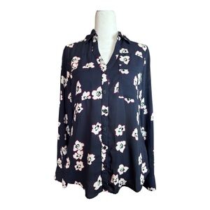 Express Navy & Magenta Floral Portofino Shirt Top Small